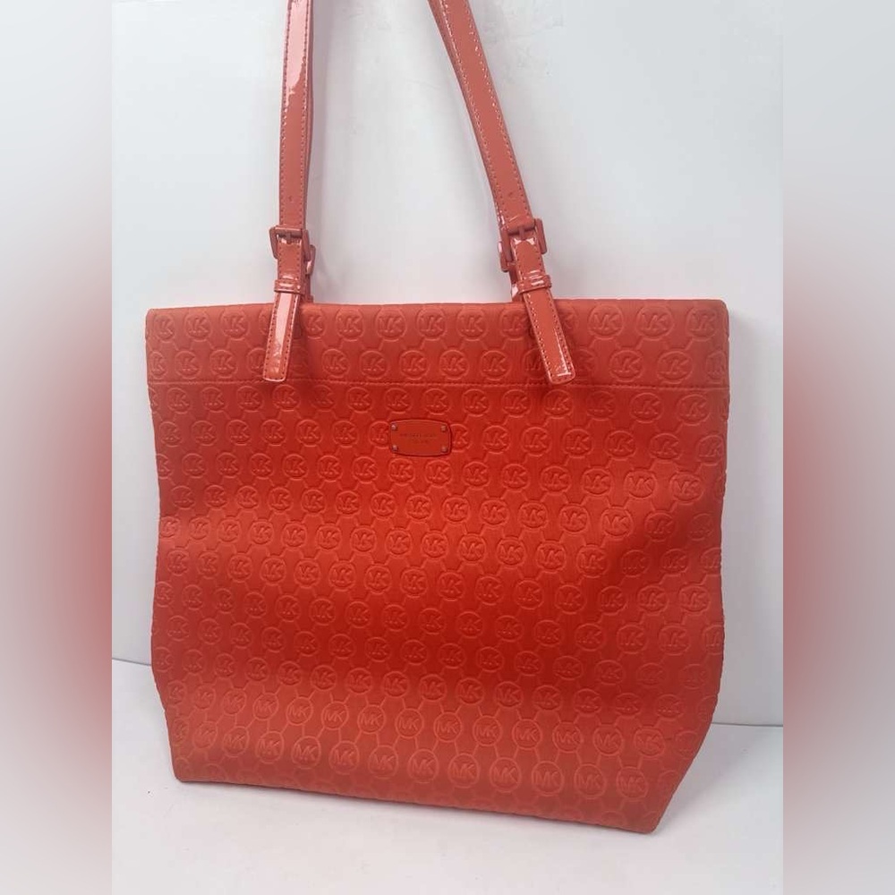 Michael Kors Neoprene MK Signature Tangerine Orange Quilted Tote Bag